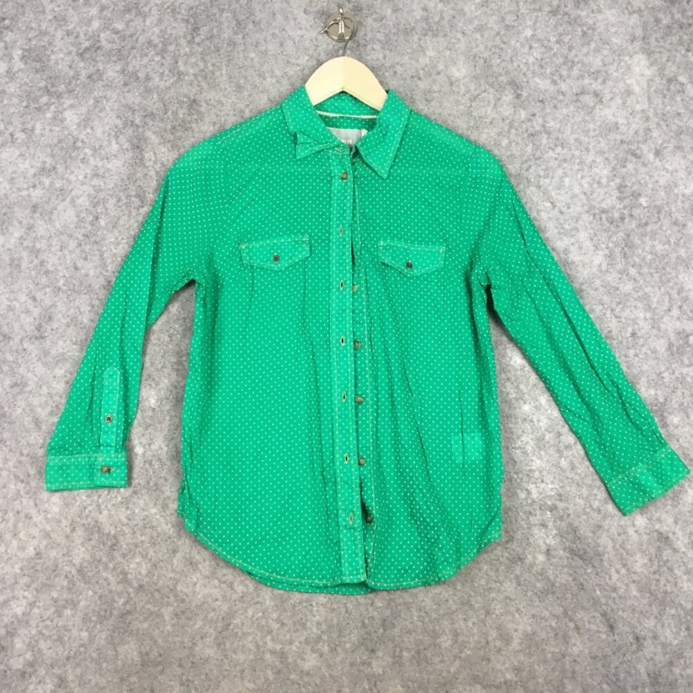 Anthropologie Maeve Top 2 Blouse Button Up Green Polka Dot 3/4 Sleeve Career